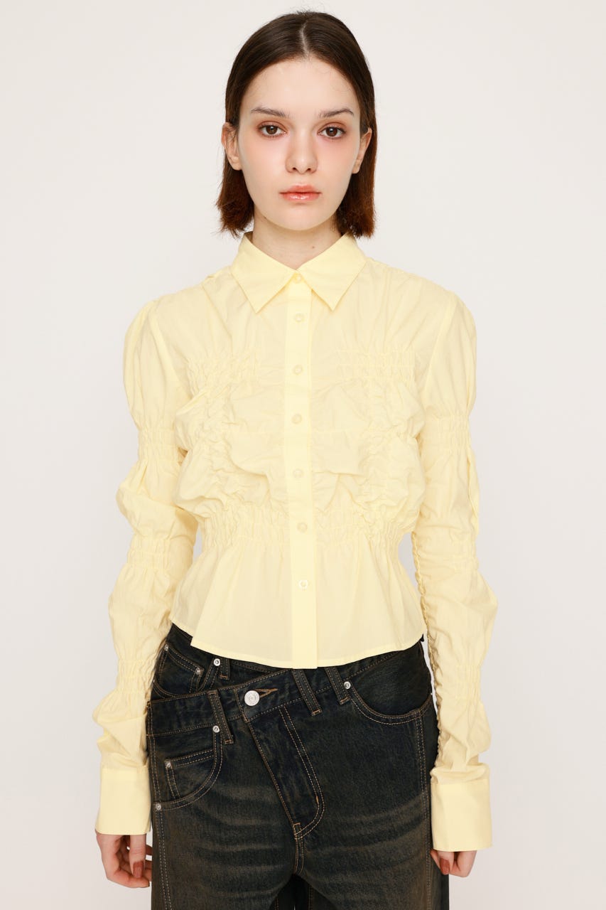 【ELLERY】 白 VISCOSE×NYLONリブニット ベルスリーブ トップ SLY | RANDOM SHIRRING トップス (シャツ・ブラウス ) |SHEL