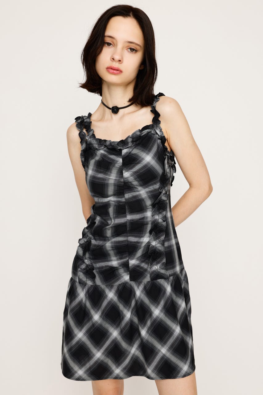テディベアチェックワンピース ライトブルー　fujikujira SLY | CHECK FRILL ショートワンピース (ワンピース(ミニ