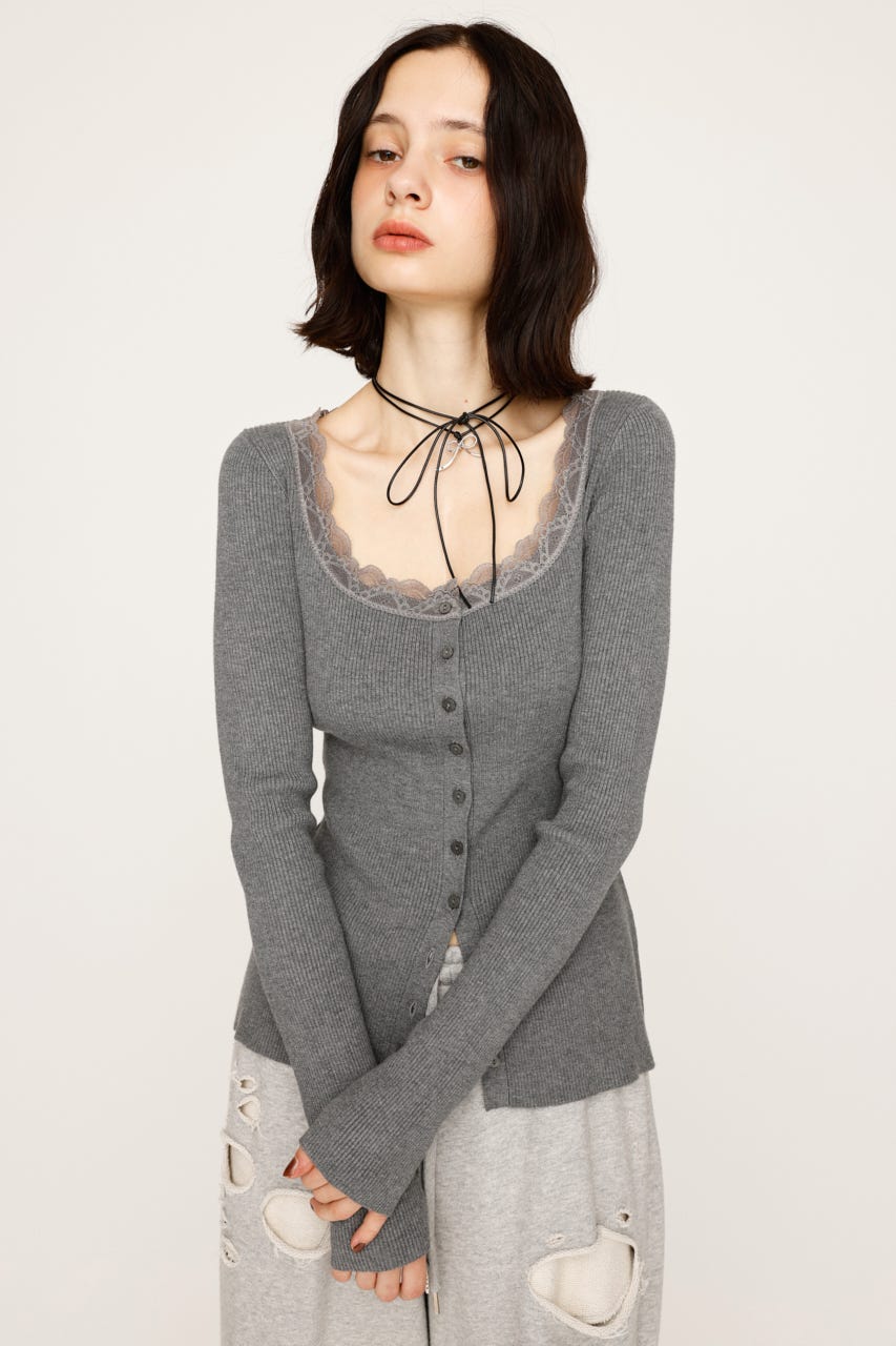 SLY | LACE DOCKING FRONT BUTTON トップス (ニット ) |SHEL