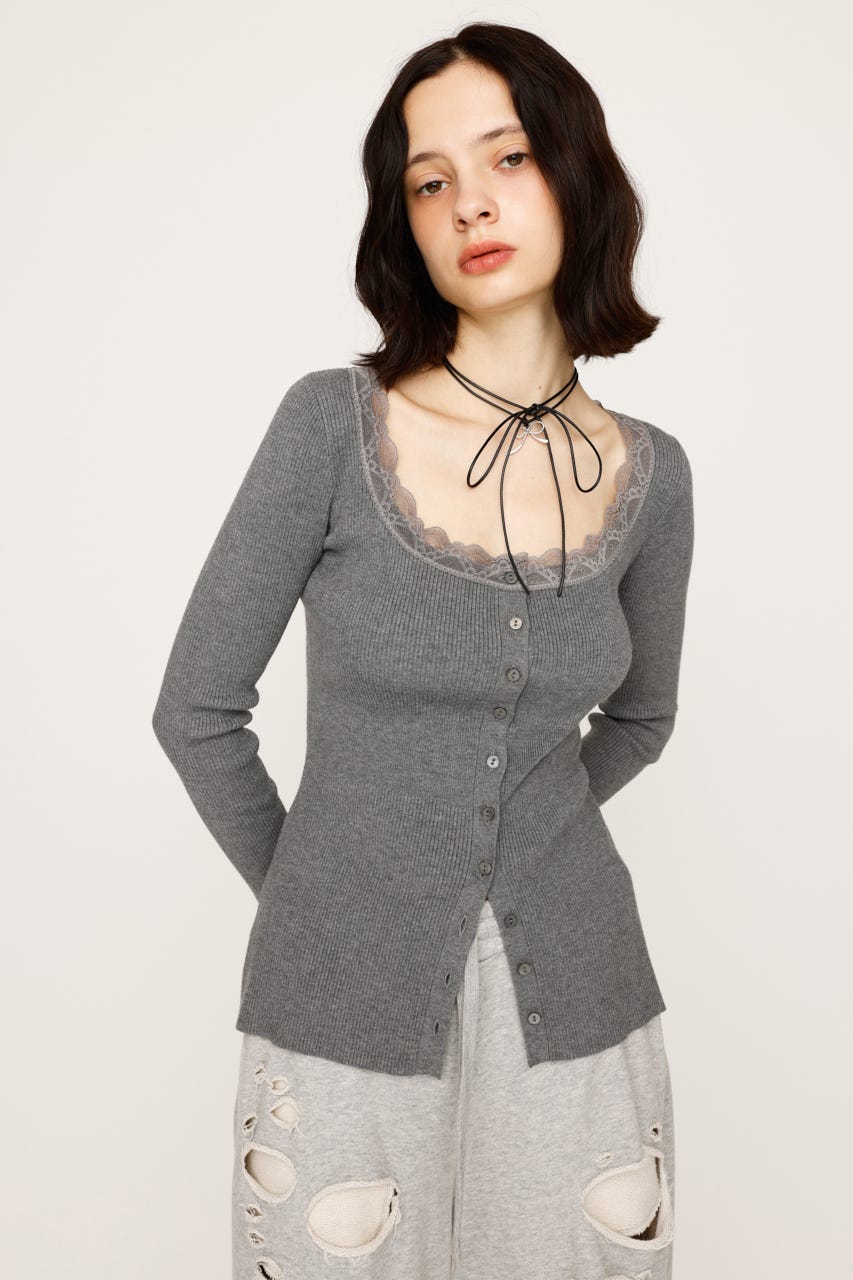 SLY | LACE DOCKING FRONT BUTTON トップス (ニット ) |SHEL