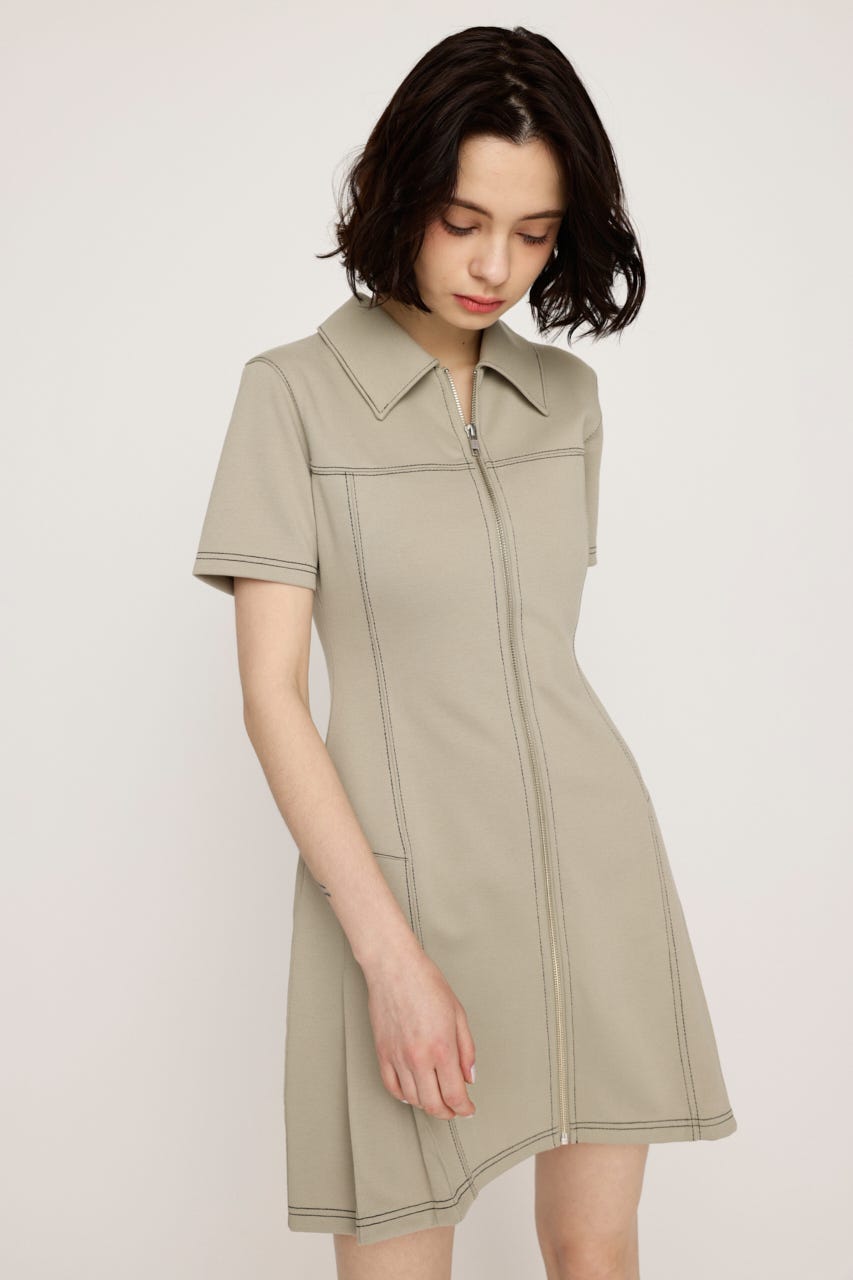 FRONT ZIP SIDE PLEATS ショートワンピース IVOY 1