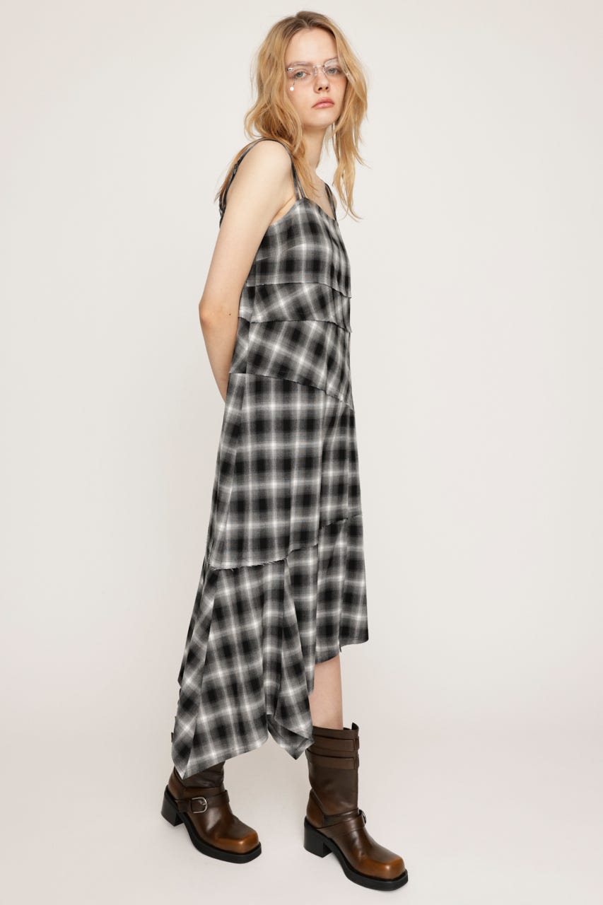ASYMMETRY HEM CHECK ワンピース M/BLK FREE