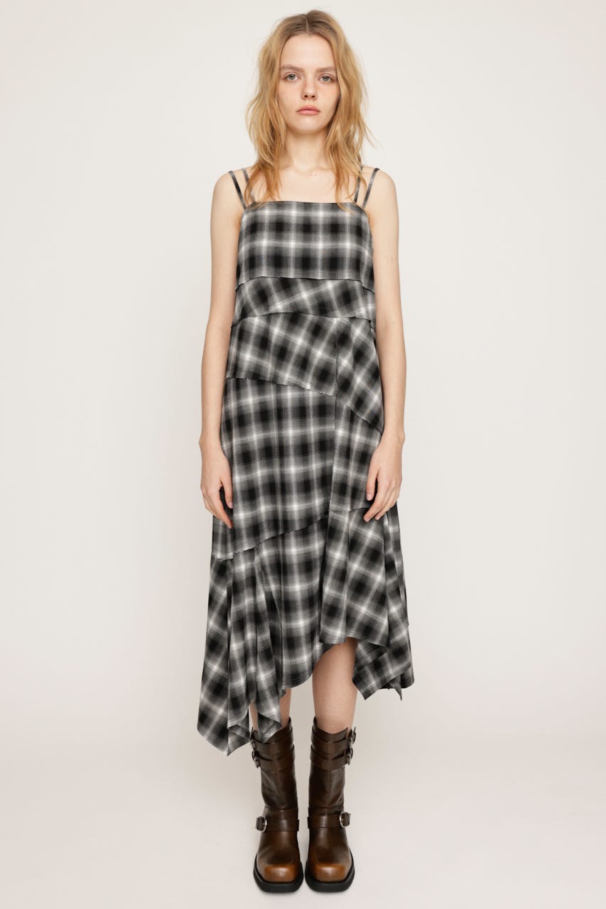 ASYMMETRY HEM CHECK ワンピース M/BLK FREE
