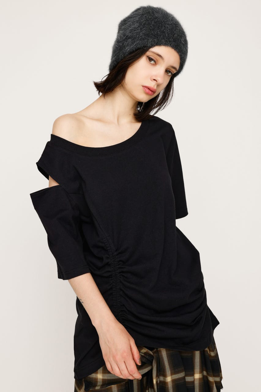 トップス MEER.  SHOULDER RUFFLE SHIRRINGTOP BLK Black Ruffle Tops | Loft