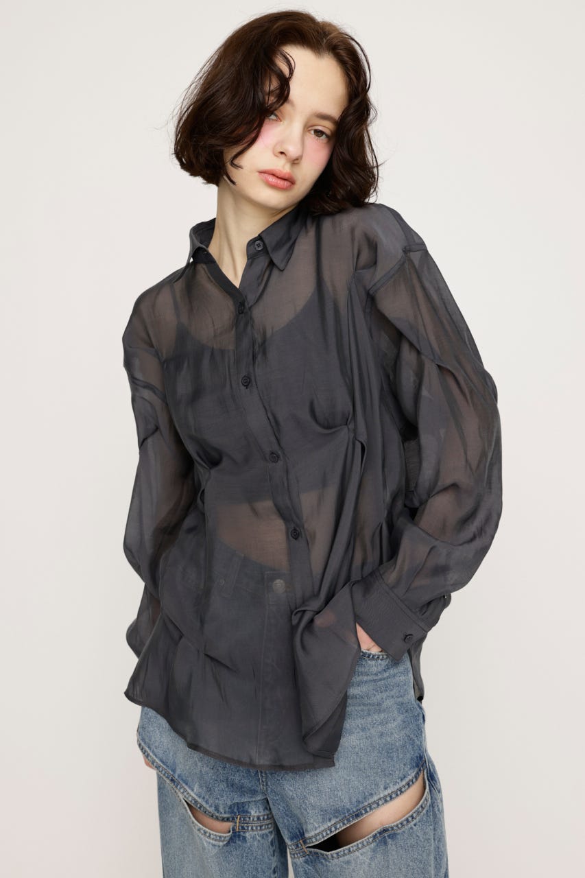 SHEER TUCKED シャツ L/BLK FREE