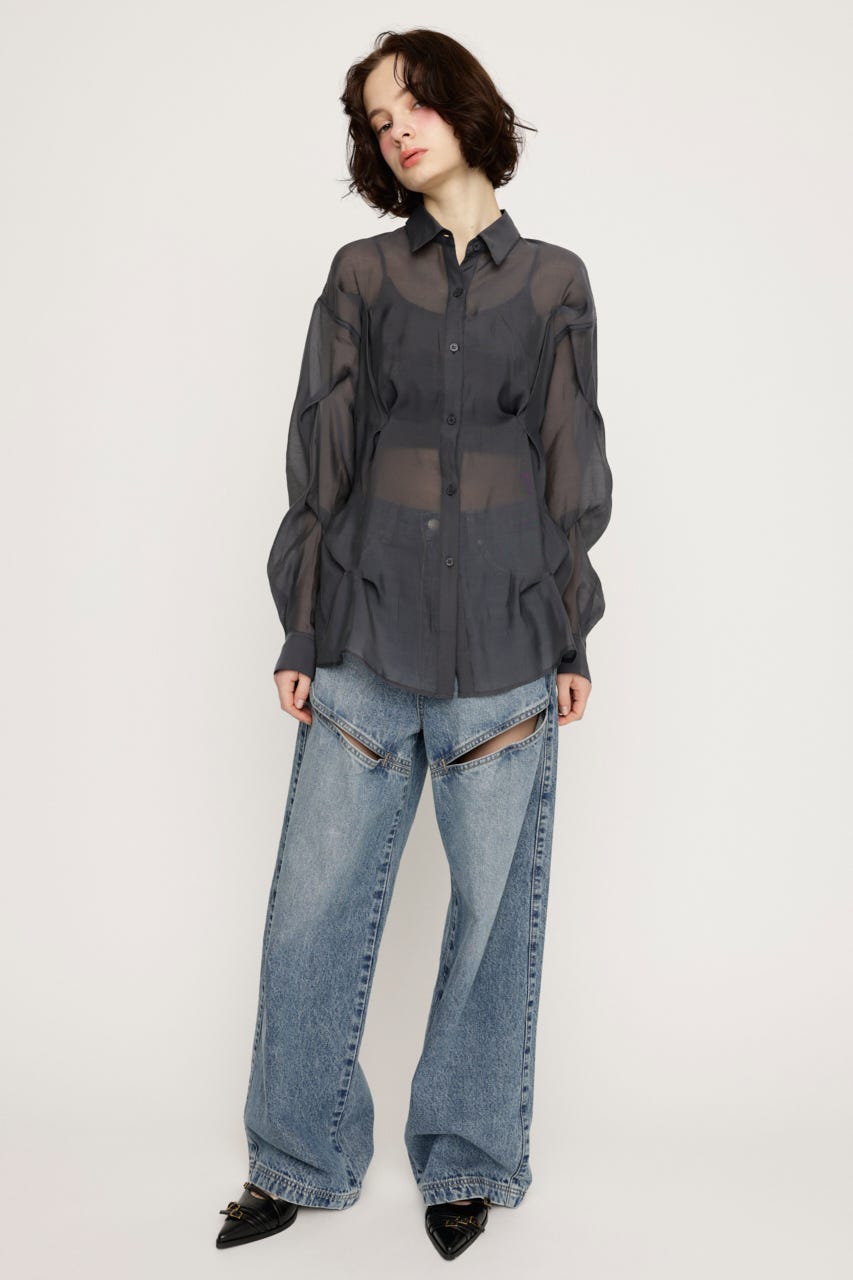 SHEER TUCKED シャツ L/BLK FREE