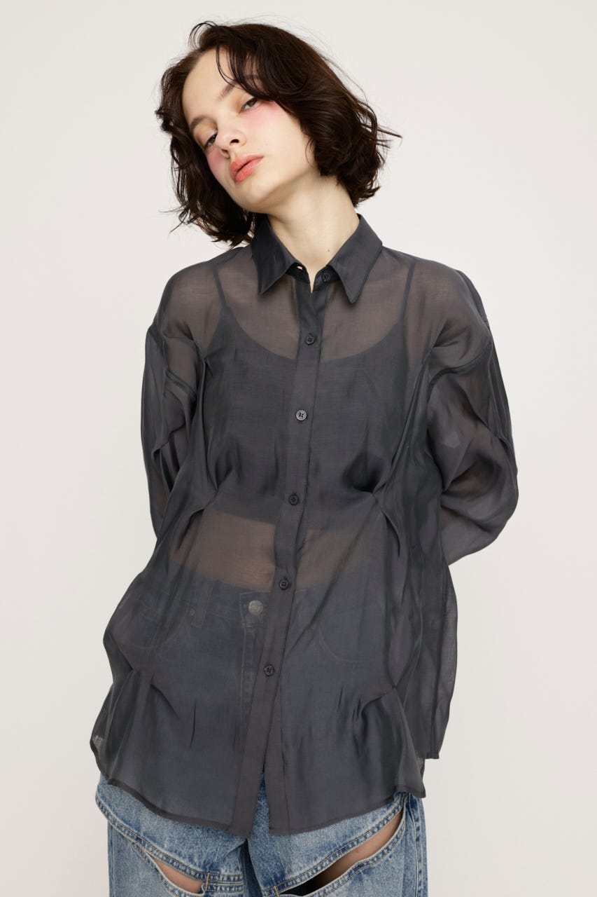 SHEER TUCKED シャツ L/BLK FREE