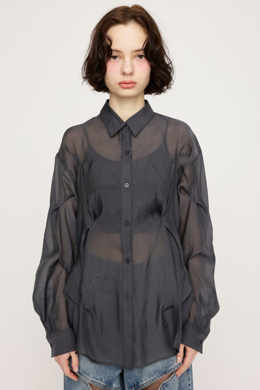 SHEER TUCKED シャツ L/BLK FREE