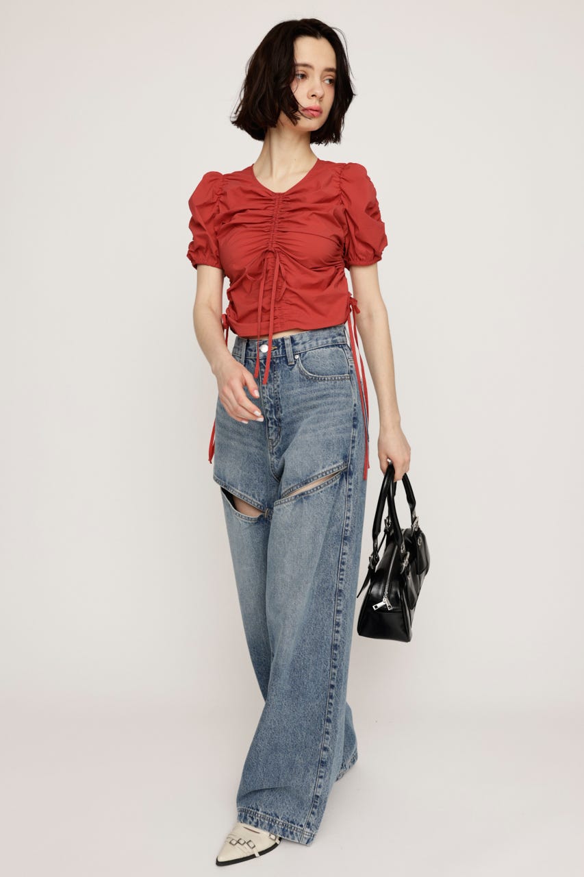 GATHER WOVEN トップス RED FREE