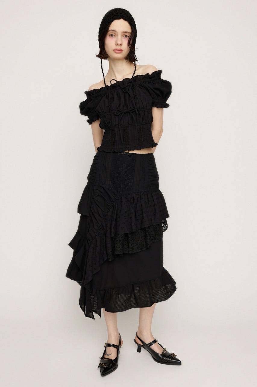COTTON LACED WRAP DESIGN ロングスカート BLK 1