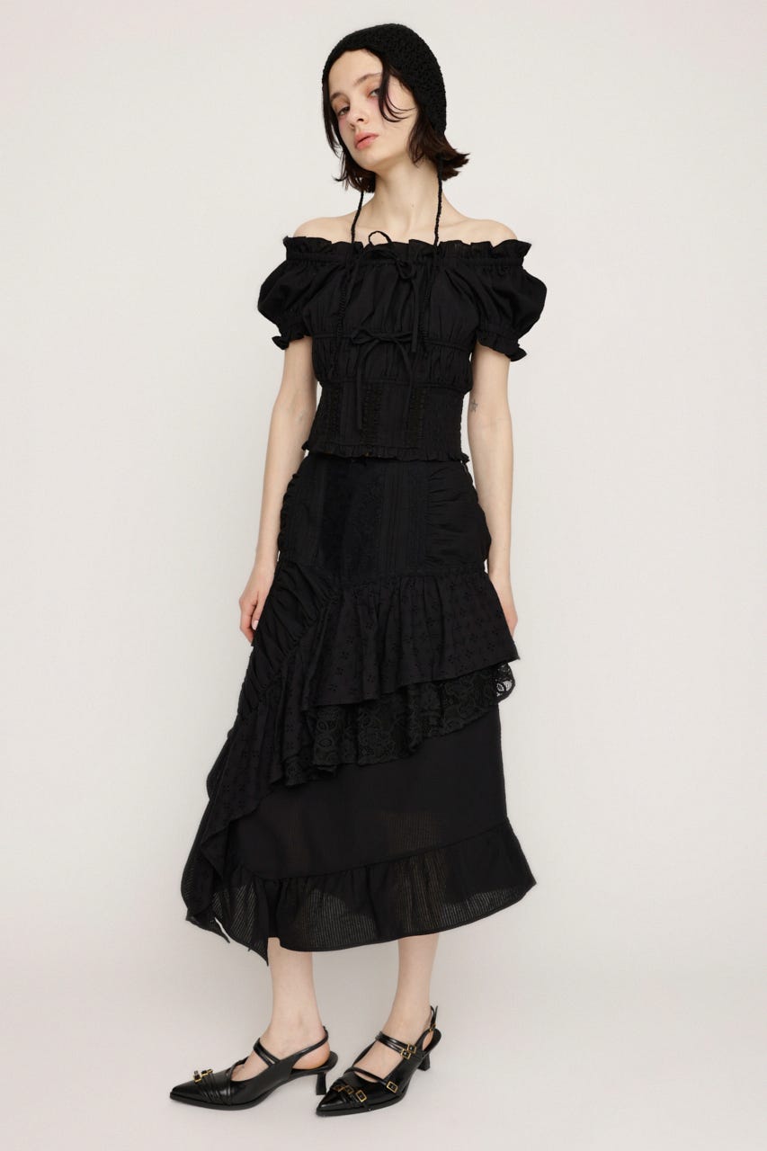 COTTON LACED WRAP DESIGN ロングスカート BLK 1