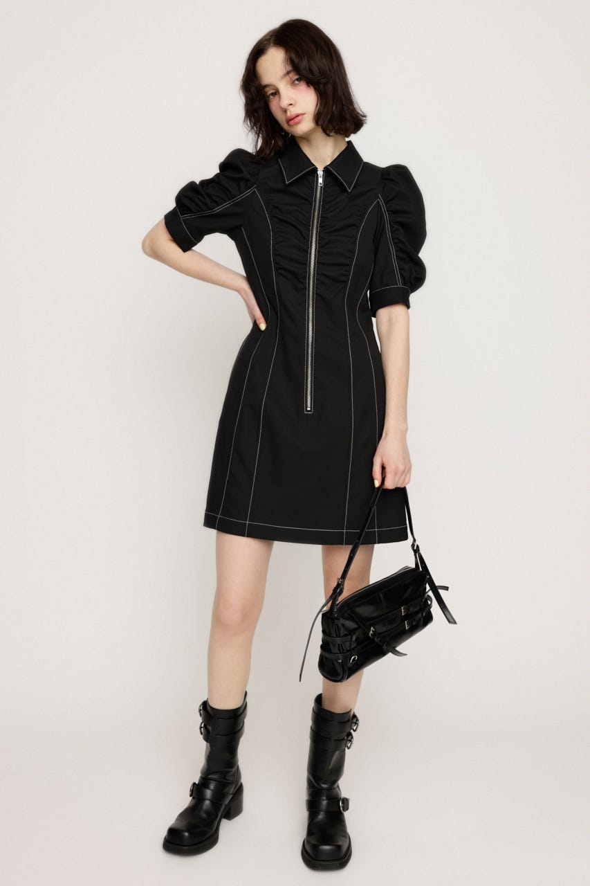 FRONT ZIP GATHER ショートワンピース BLK 1