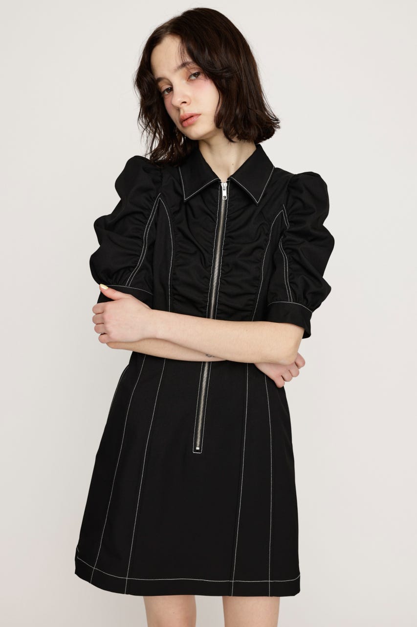 FRONT ZIP GATHER ショートワンピース BLK 1