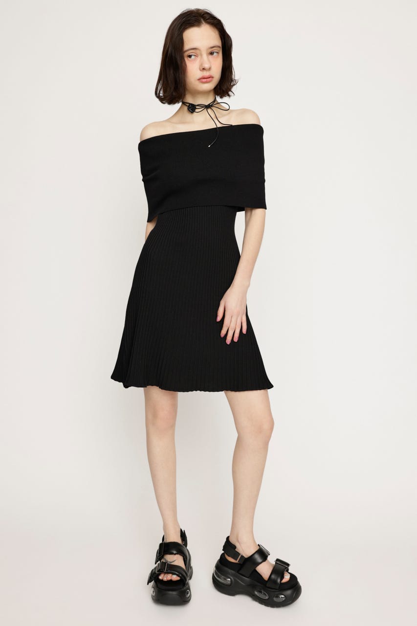 OFF SHOULDER RIB KNIT ショートワンピース BLK FREE