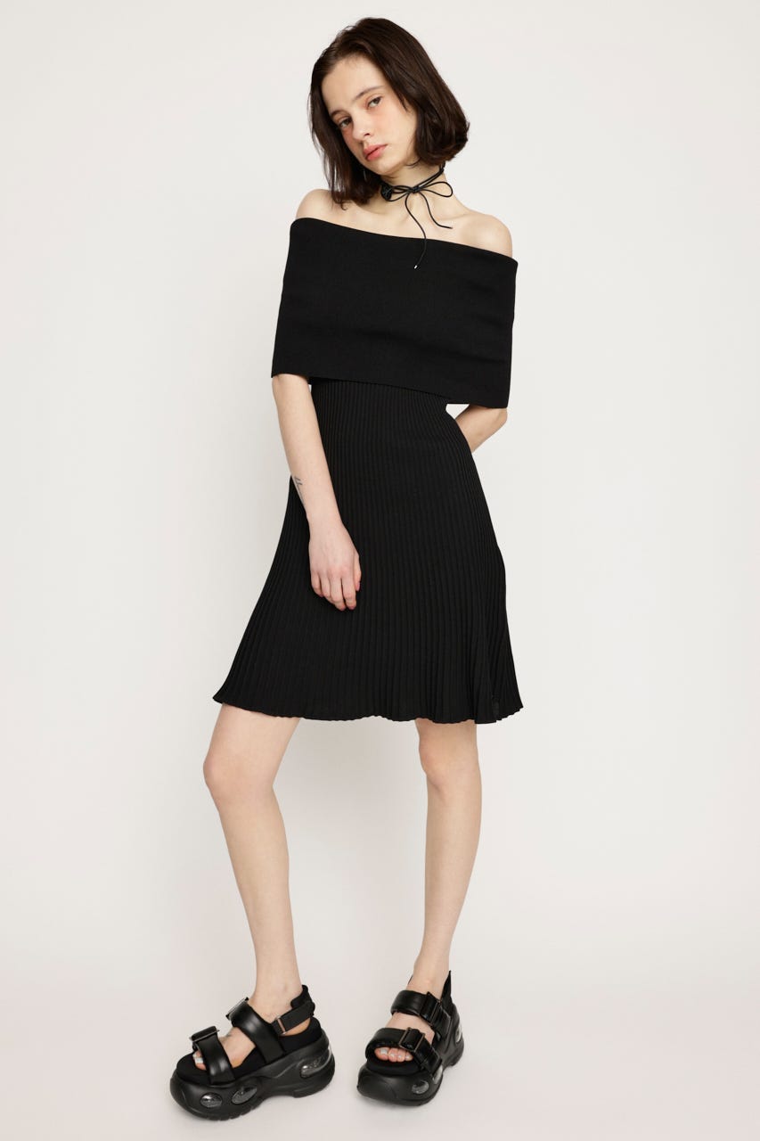 OFF SHOULDER RIB KNIT ショートワンピース BLK FREE