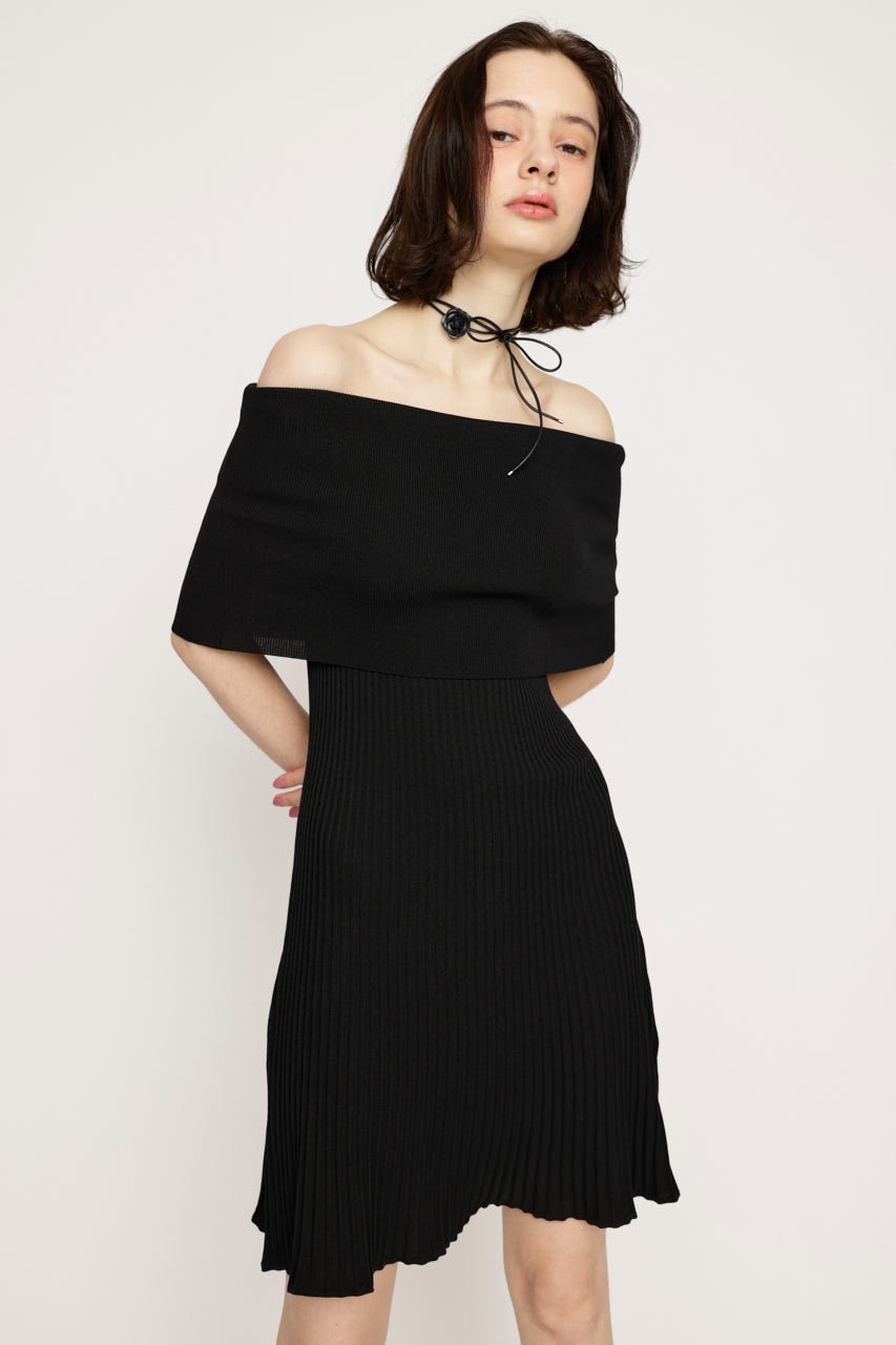 OFF SHOULDER RIB KNIT ショートワンピース BLK FREE