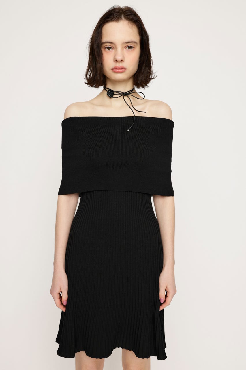 OFF SHOULDER RIB KNIT ショートワンピース BLK FREE