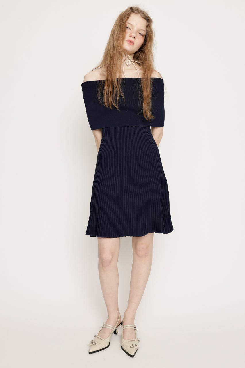 OFF SHOULDER RIB KNIT ショートワンピース NVY FREE