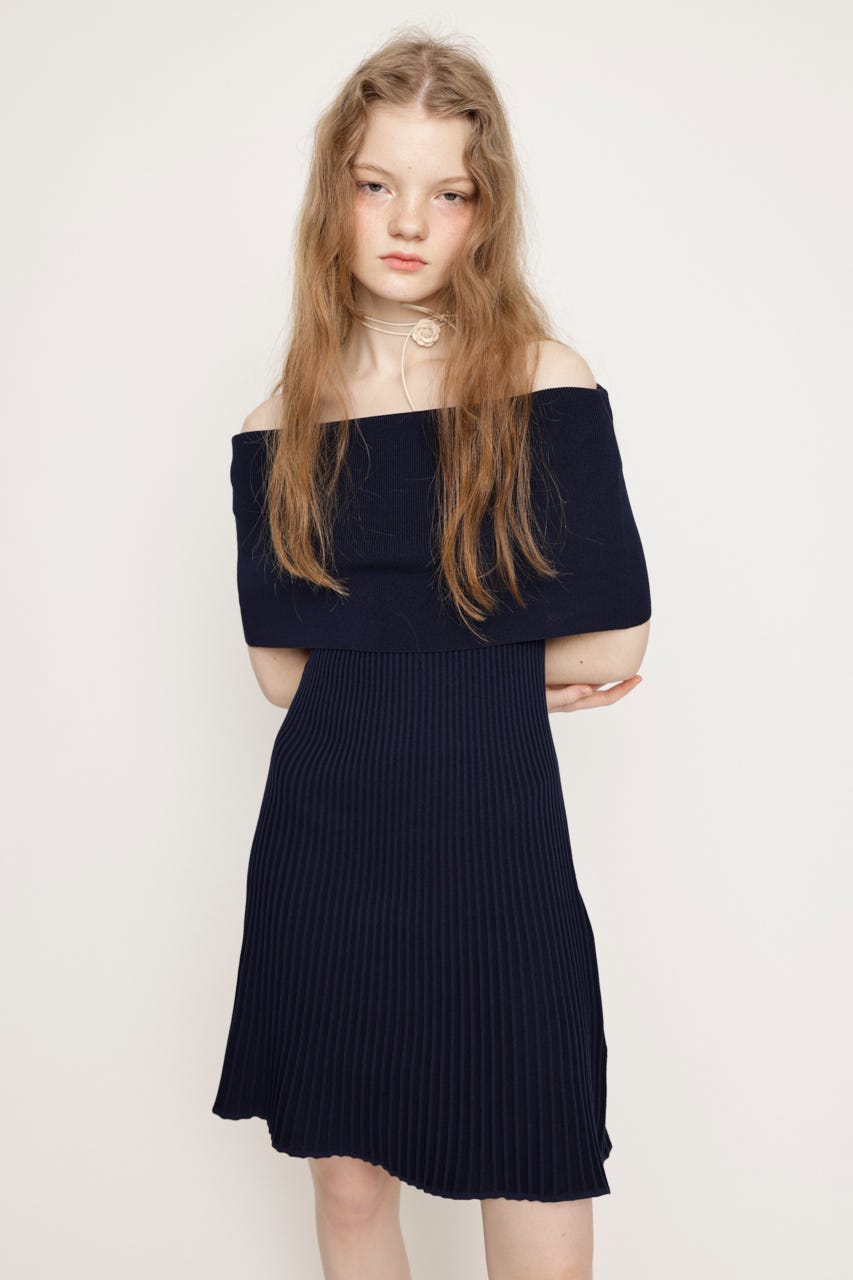 OFF SHOULDER RIB KNIT ショートワンピース NVY FREE