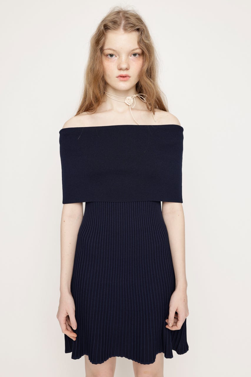 OFF SHOULDER RIB KNIT ショートワンピース NVY FREE