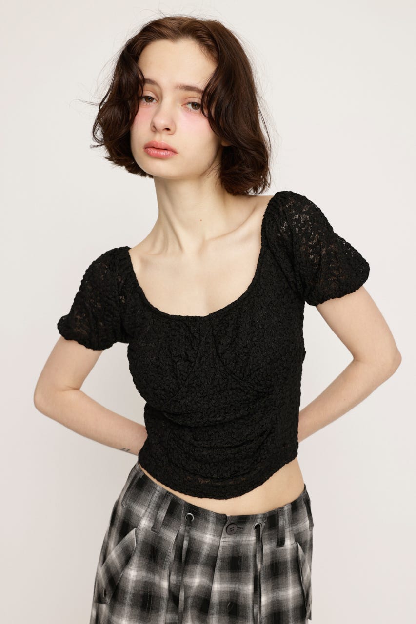 PUFF SLEEVE GATHER CUT トップス BLK FREE