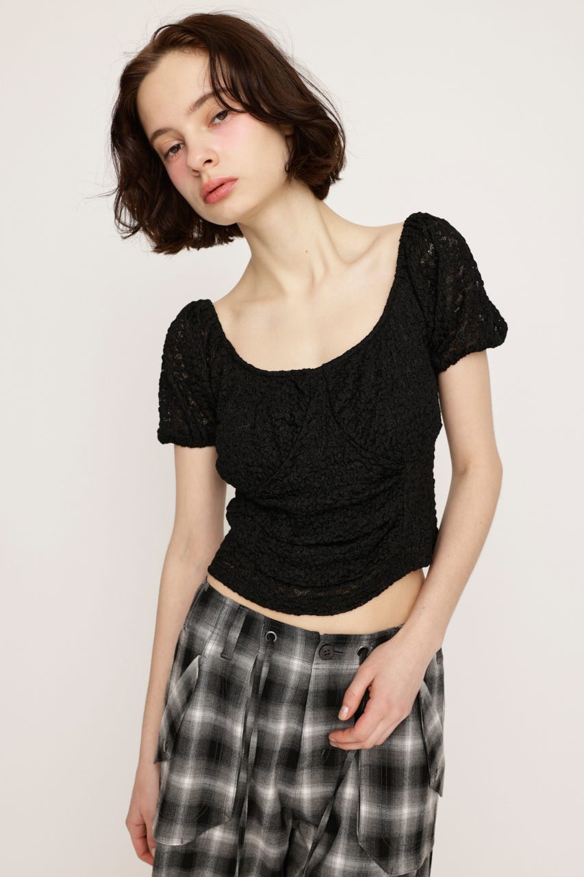 PUFF SLEEVE GATHER CUT トップス BLK FREE