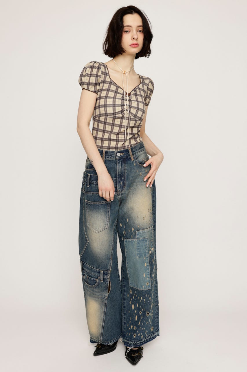 CHECK PRINT PUFF SLEEVE トップス M/BEG FREE
