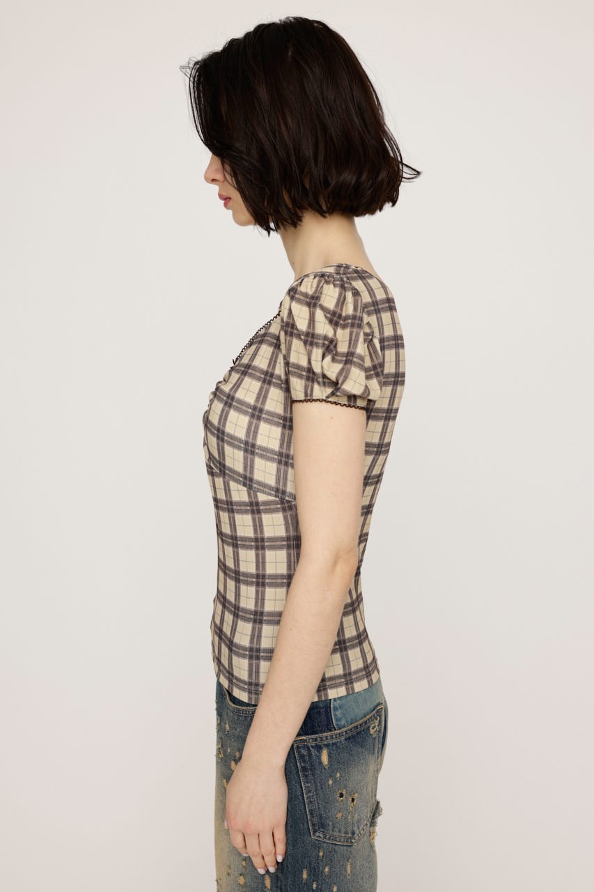 CHECK PRINT PUFF SLEEVE トップス M/BEG FREE