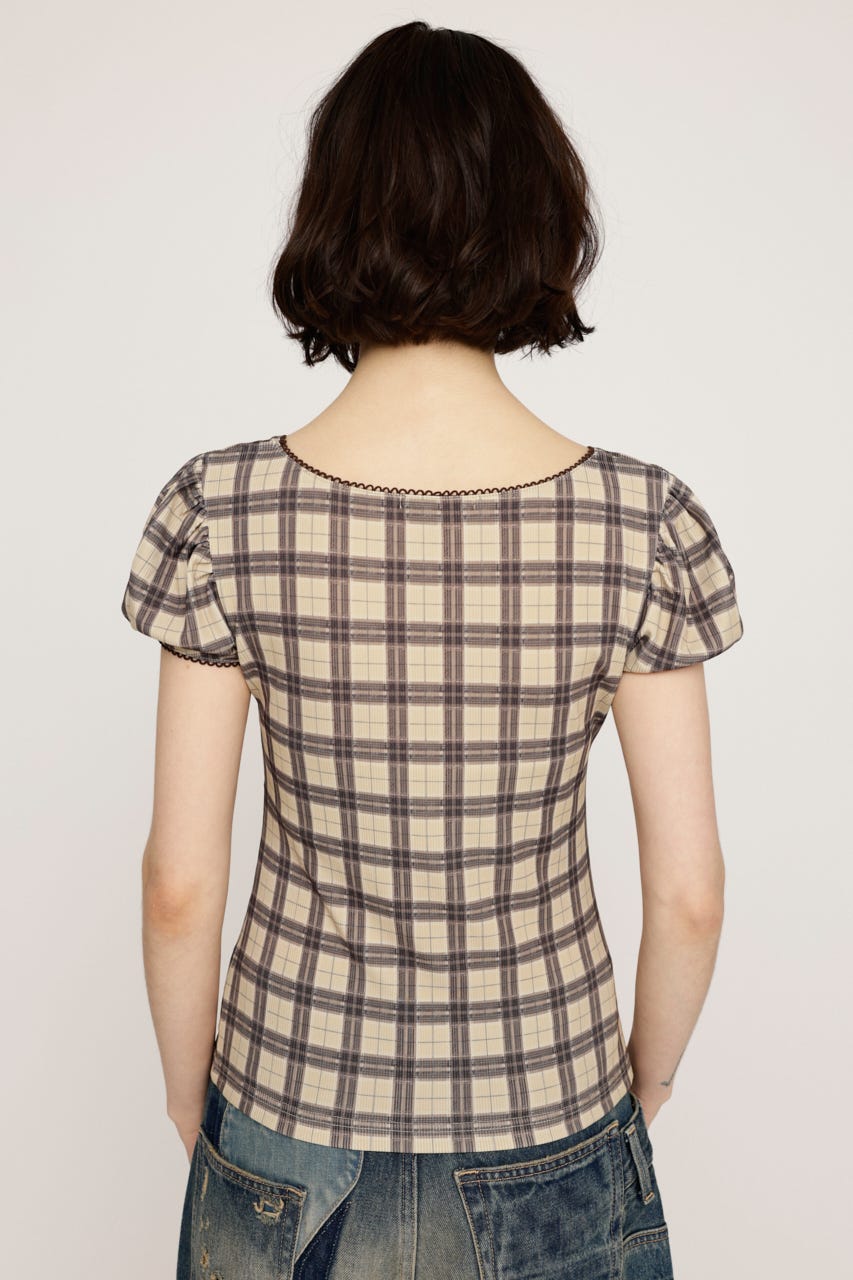 CHECK PRINT PUFF SLEEVE トップス M/BEG FREE