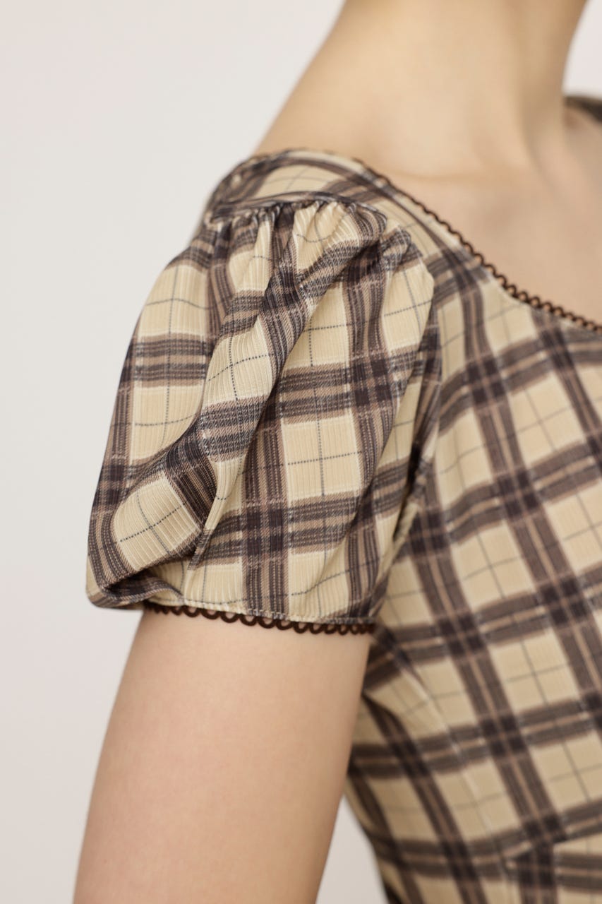 CHECK PRINT PUFF SLEEVE トップス M/BEG FREE