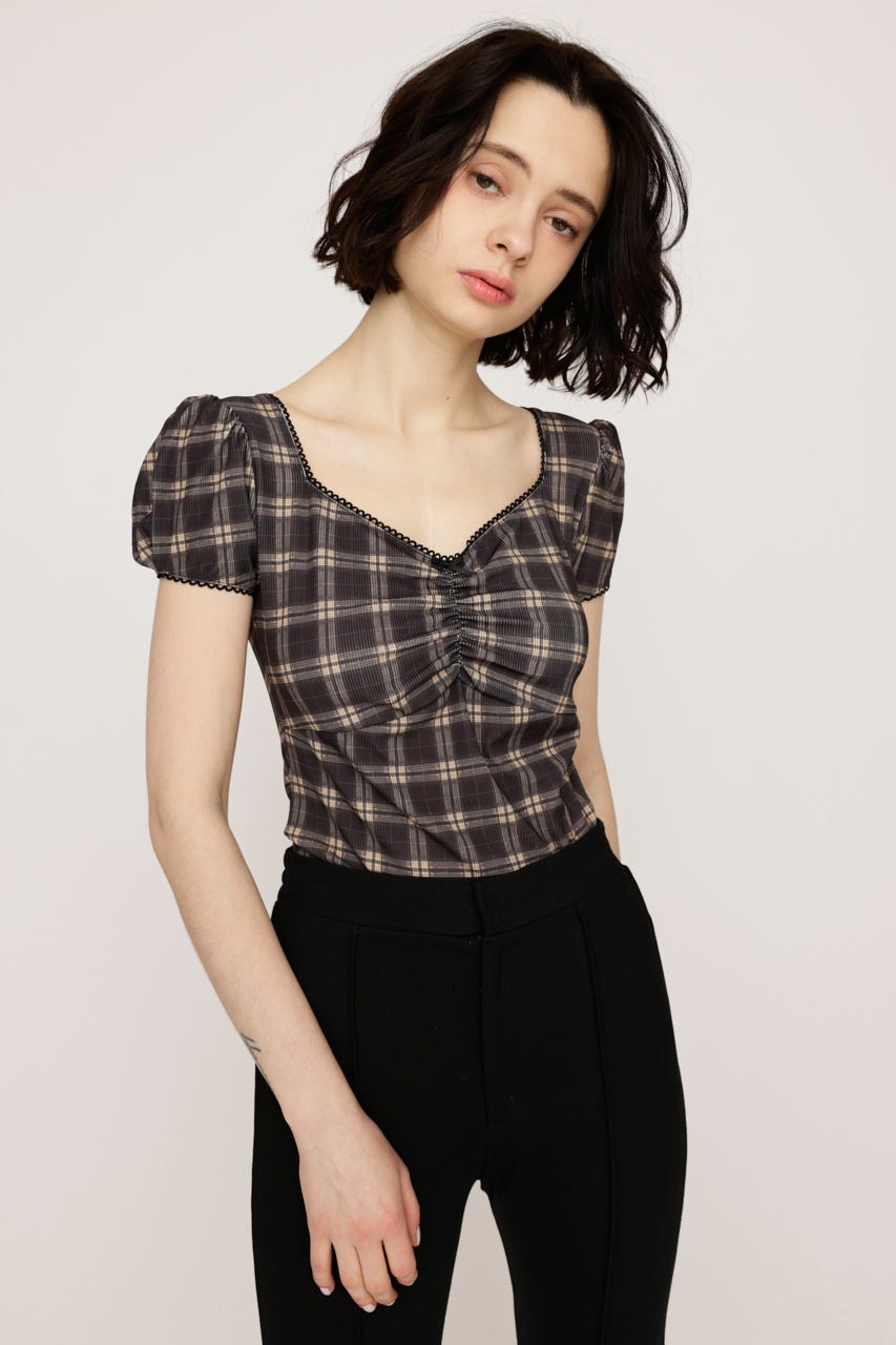 CHECK PRINT PUFF SLEEVE トップス M/BLK FREE