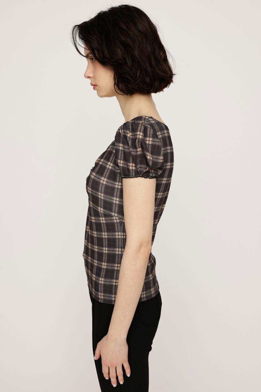 CHECK PRINT PUFF SLEEVE トップス M/BLK FREE