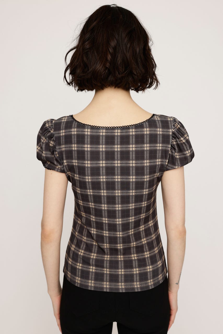 CHECK PRINT PUFF SLEEVE トップス M/BLK FREE