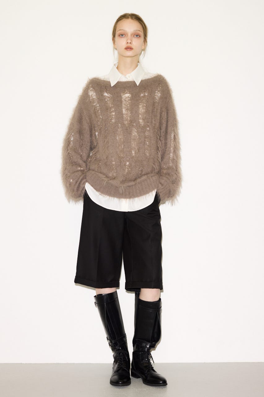 【THROW】SHAGGY YARN B／N LOOSE ニット L/GRY FREE