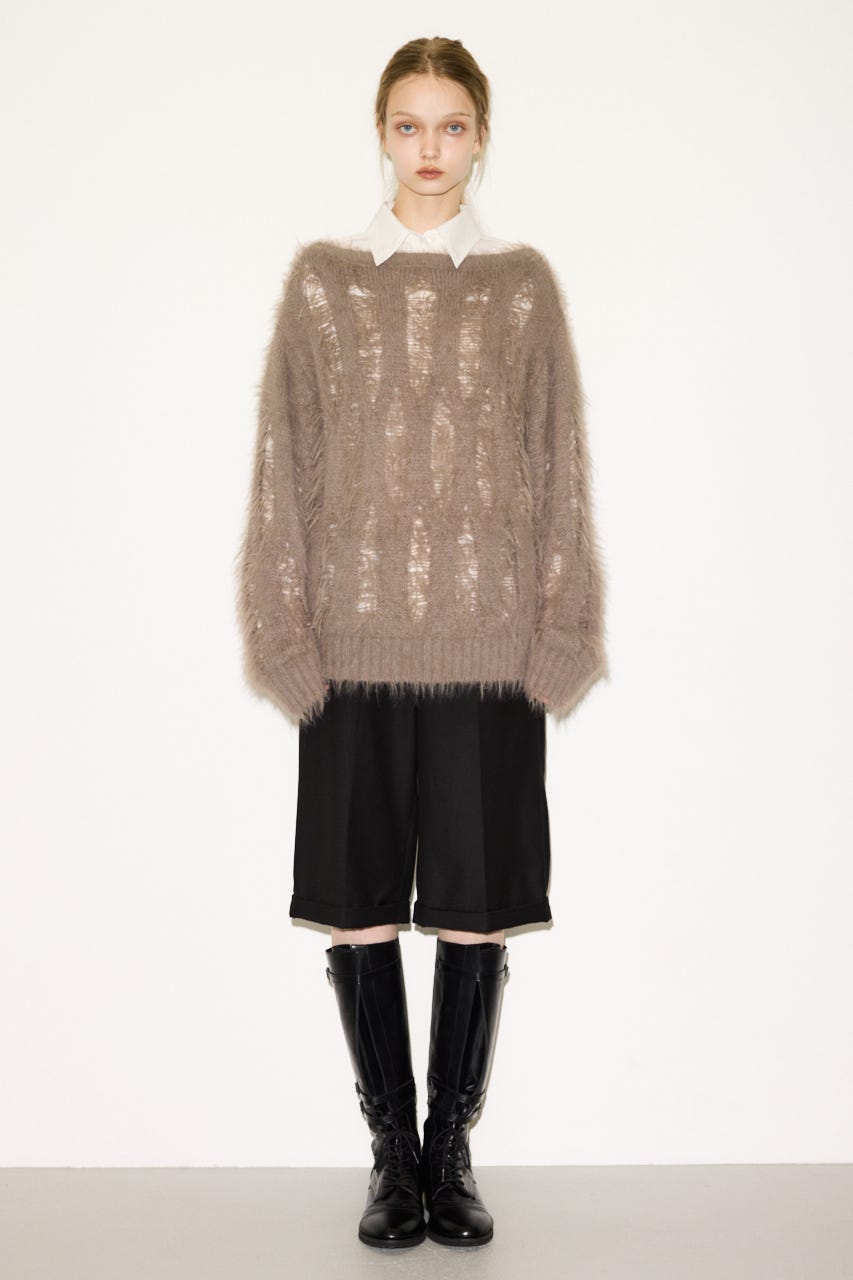 【THROW】SHAGGY YARN B／N LOOSE ニット L/GRY FREE