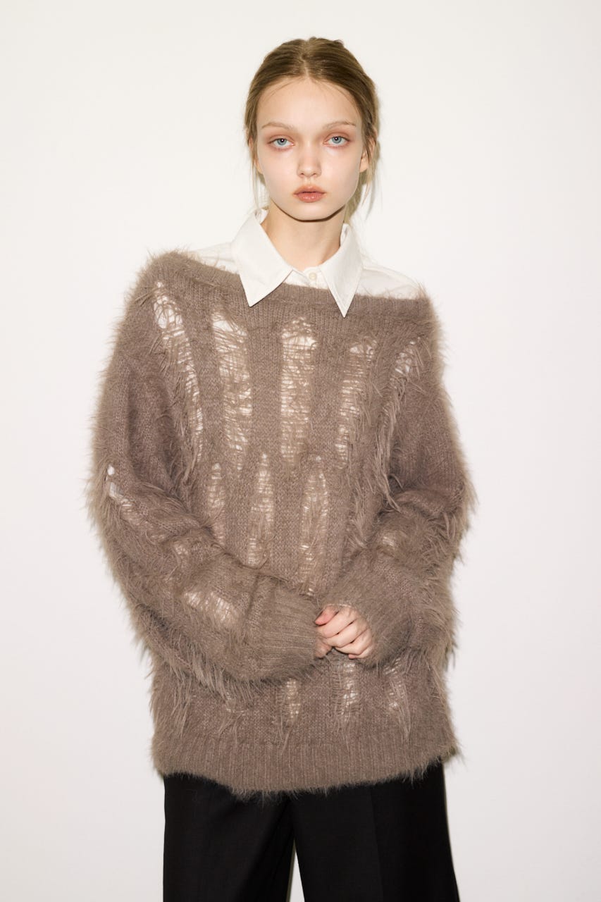 【THROW】SHAGGY YARN B／N LOOSE ニット L/GRY FREE