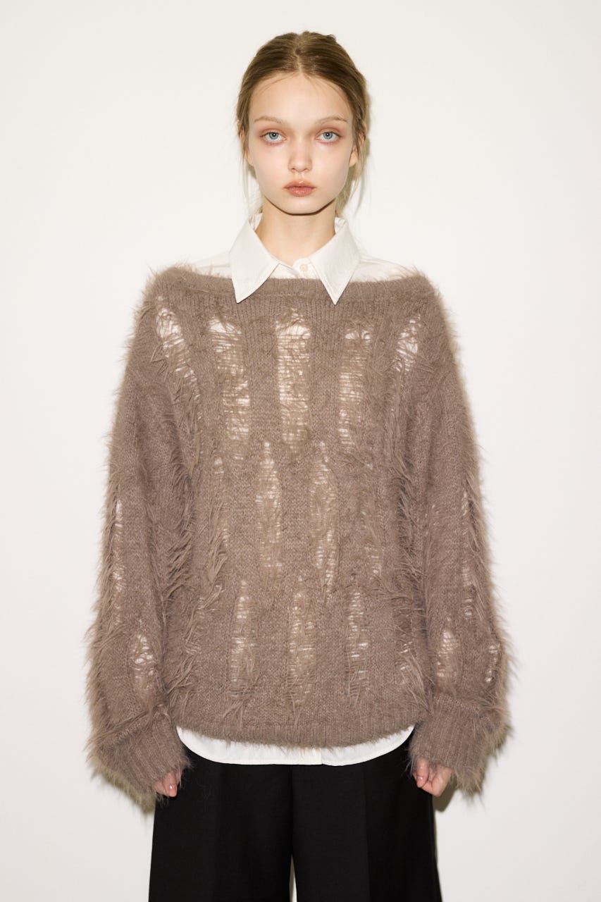 【THROW】SHAGGY YARN B／N LOOSE ニット L/GRY FREE