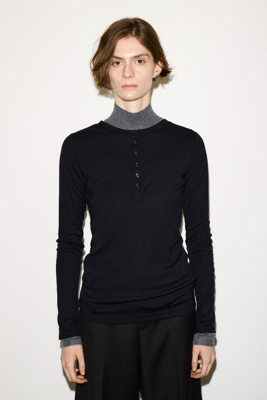 【THROW】SHEER FINE FIT HENLEY トップス BLK FREE
