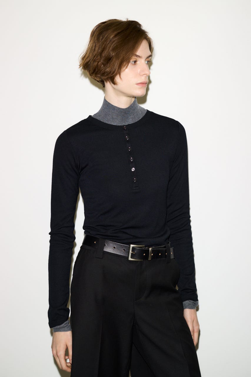 【THROW】SHEER FINE FIT HENLEY トップス BLK FREE