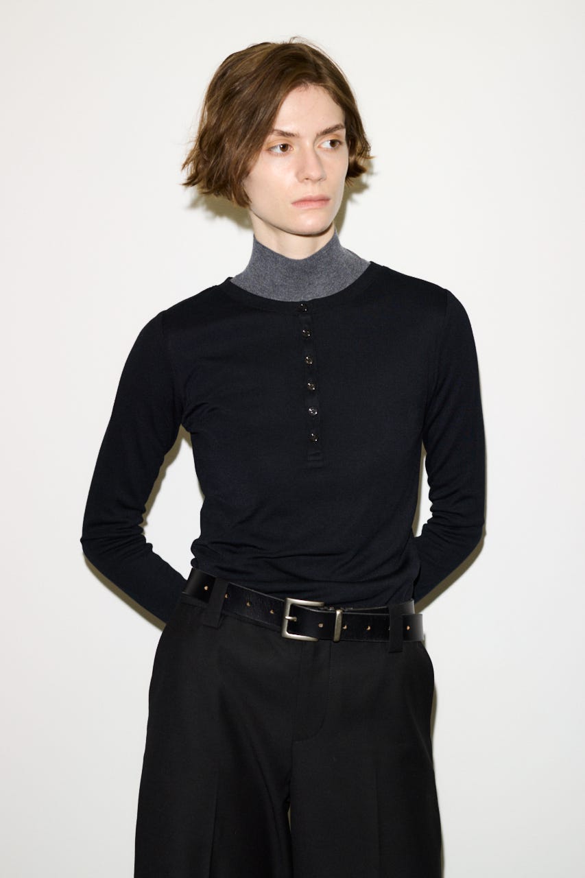 【THROW】SHEER FINE FIT HENLEY トップス BLK FREE