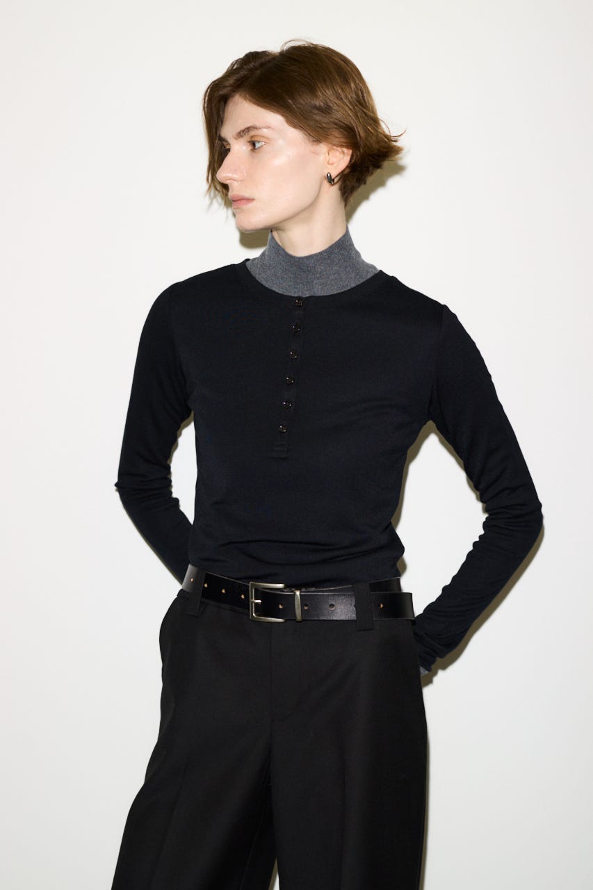 【THROW】SHEER FINE FIT HENLEY トップス BLK FREE