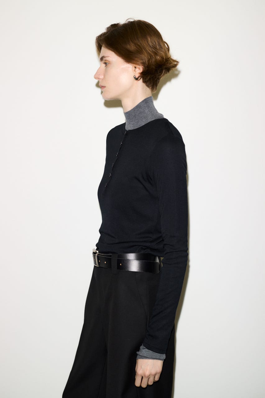 【THROW】SHEER FINE FIT HENLEY トップス BLK FREE