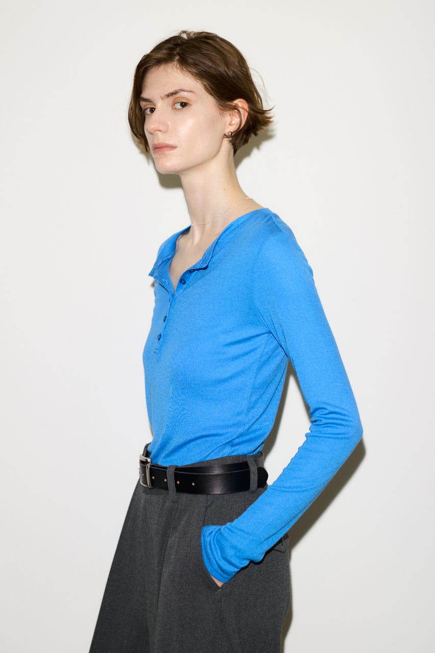 【THROW】SHEER FINE FIT HENLEY トップス BLU FREE