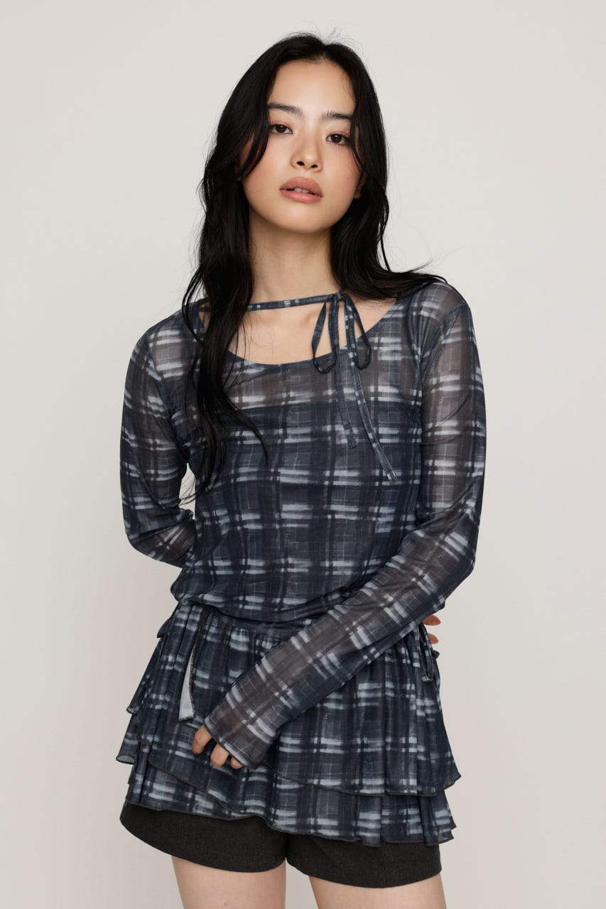 SHEER CHECK FRILL チュニック M/BLK FREE