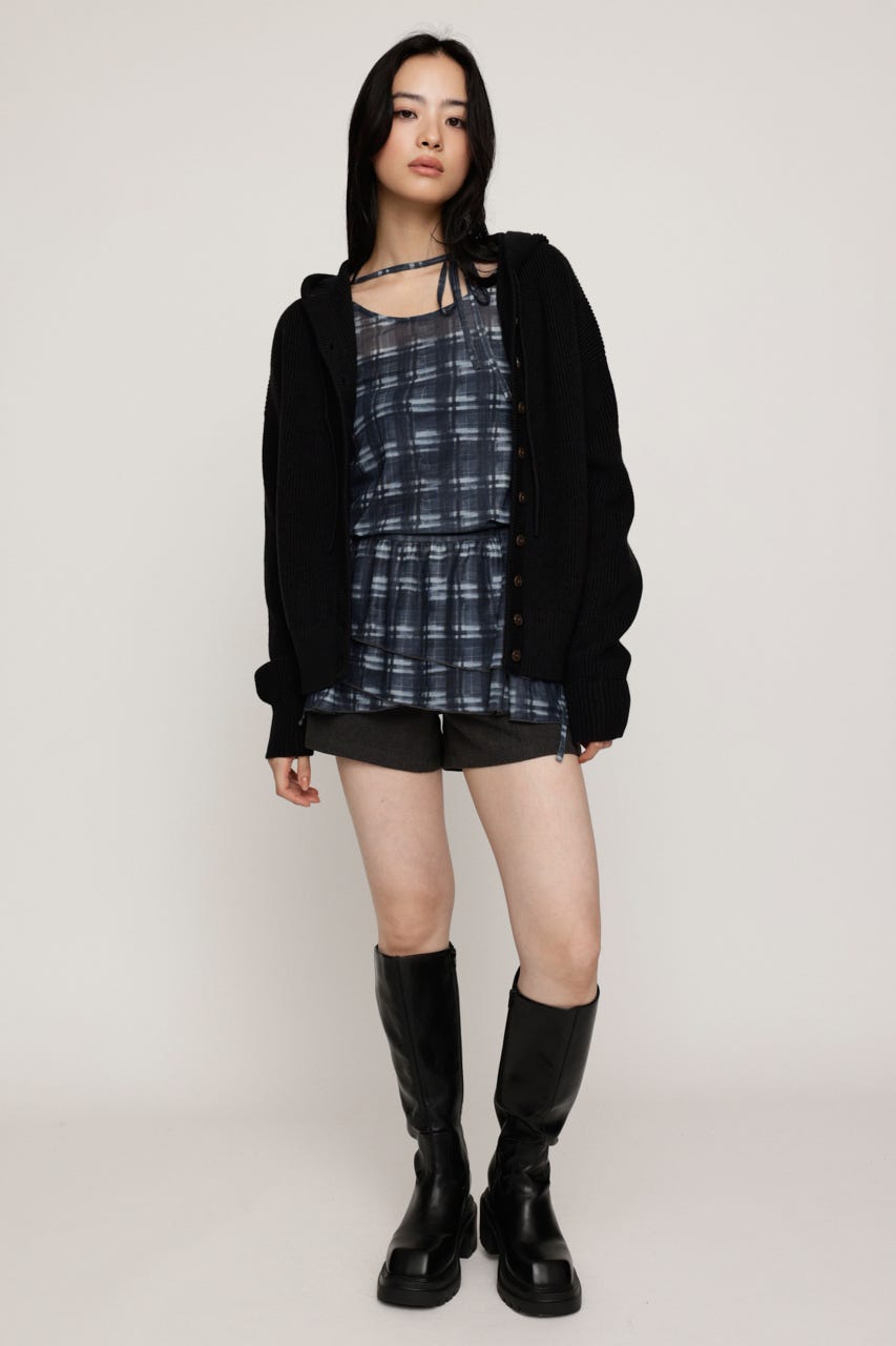 SHEER CHECK FRILL チュニック M/BLK FREE