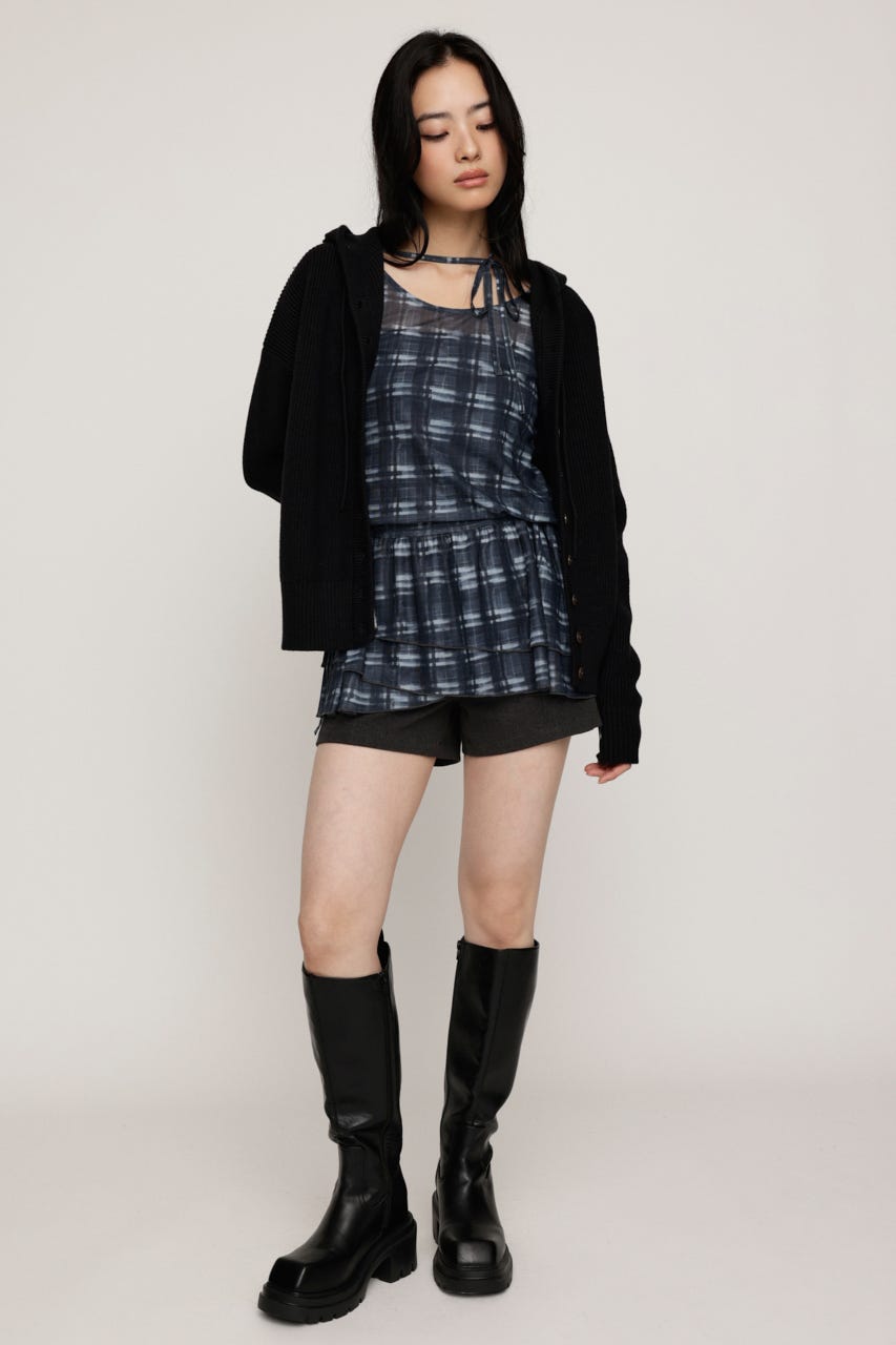 SHEER CHECK FRILL チュニック M/BLK FREE