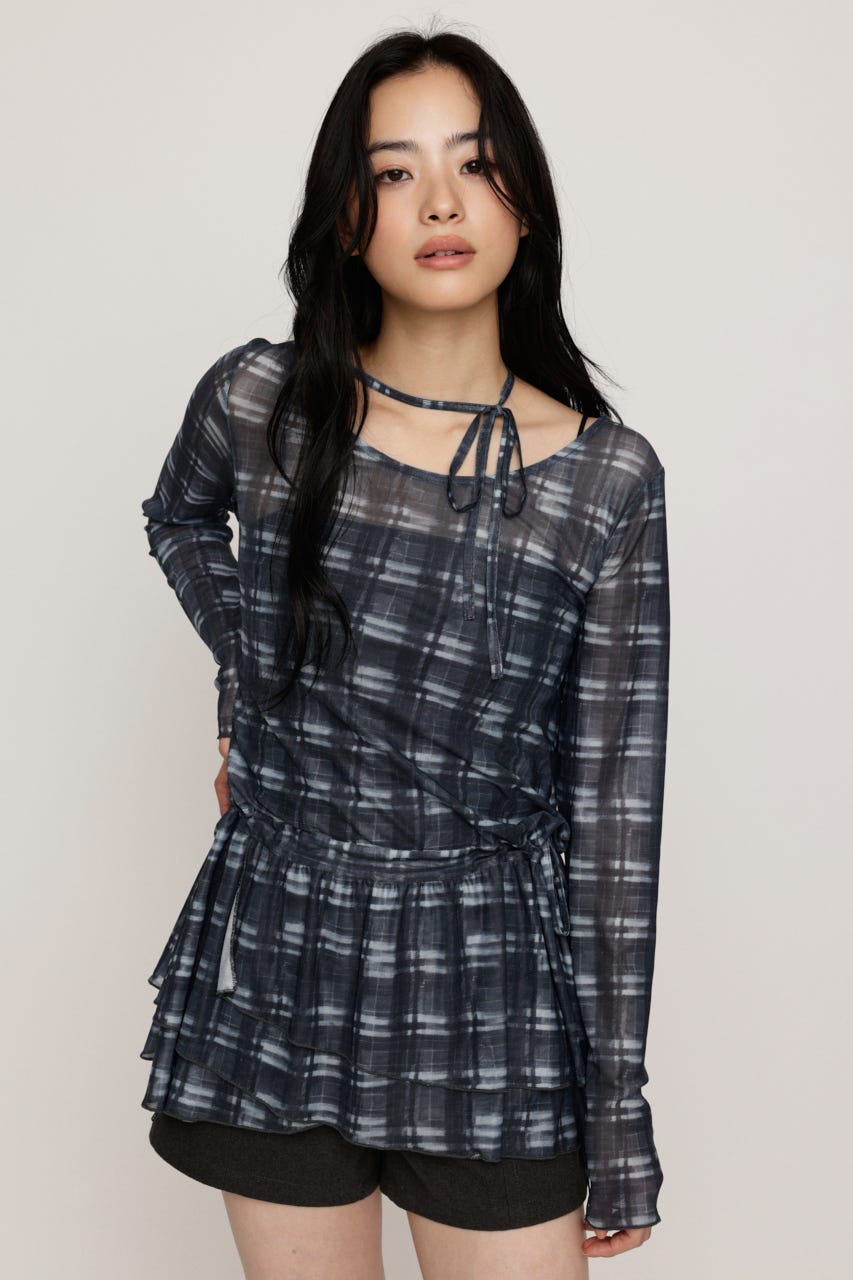 SHEER CHECK FRILL チュニック M/BLK FREE