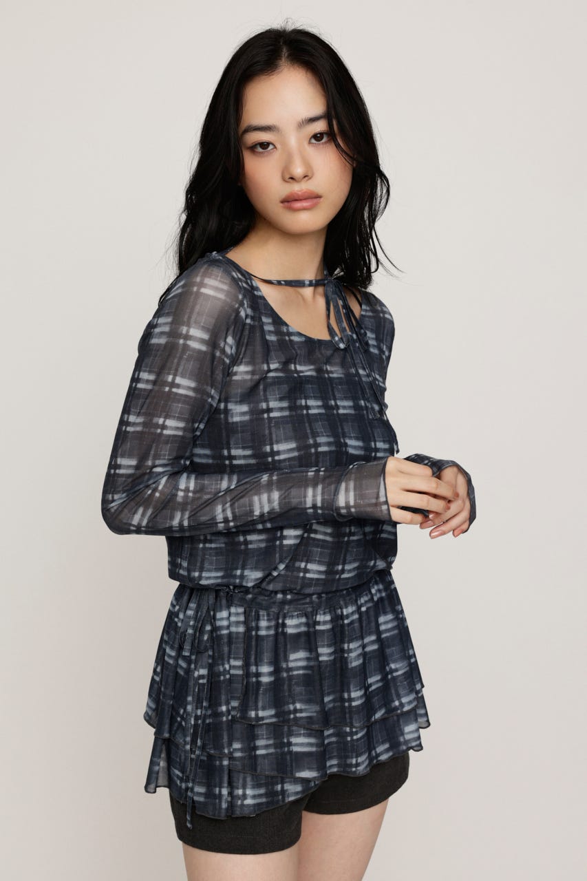 SHEER CHECK FRILL チュニック M/BLK FREE