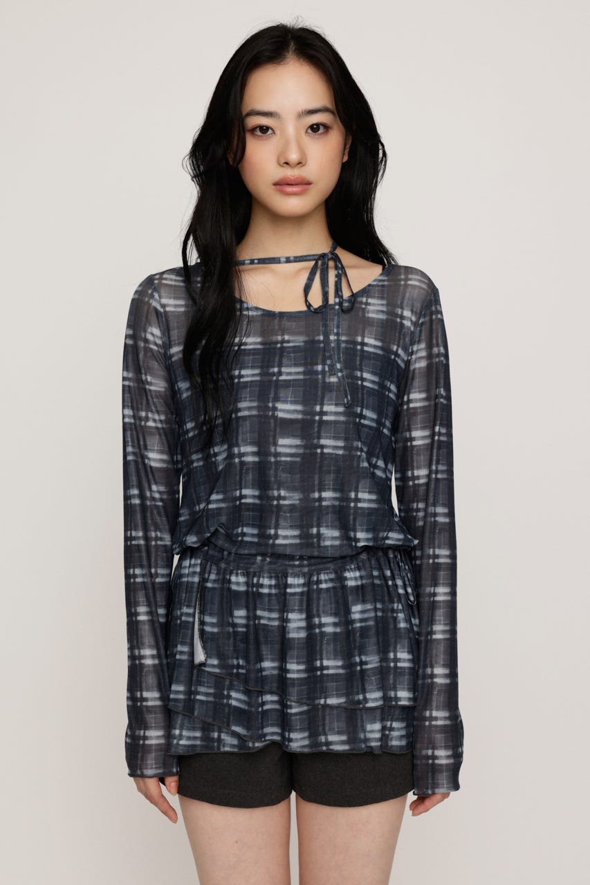 SHEER CHECK FRILL チュニック M/BLK FREE