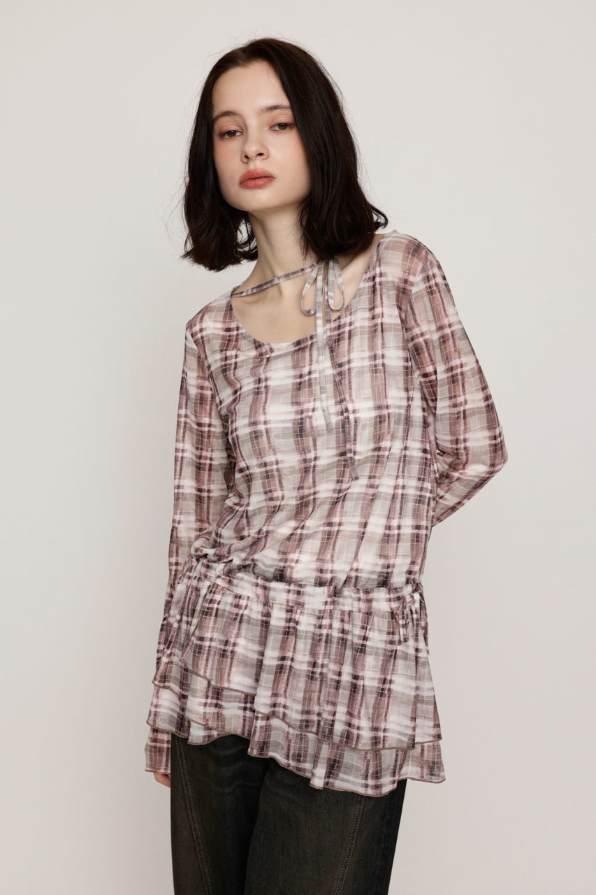SHEER CHECK FRILL チュニック M/BRN FREE